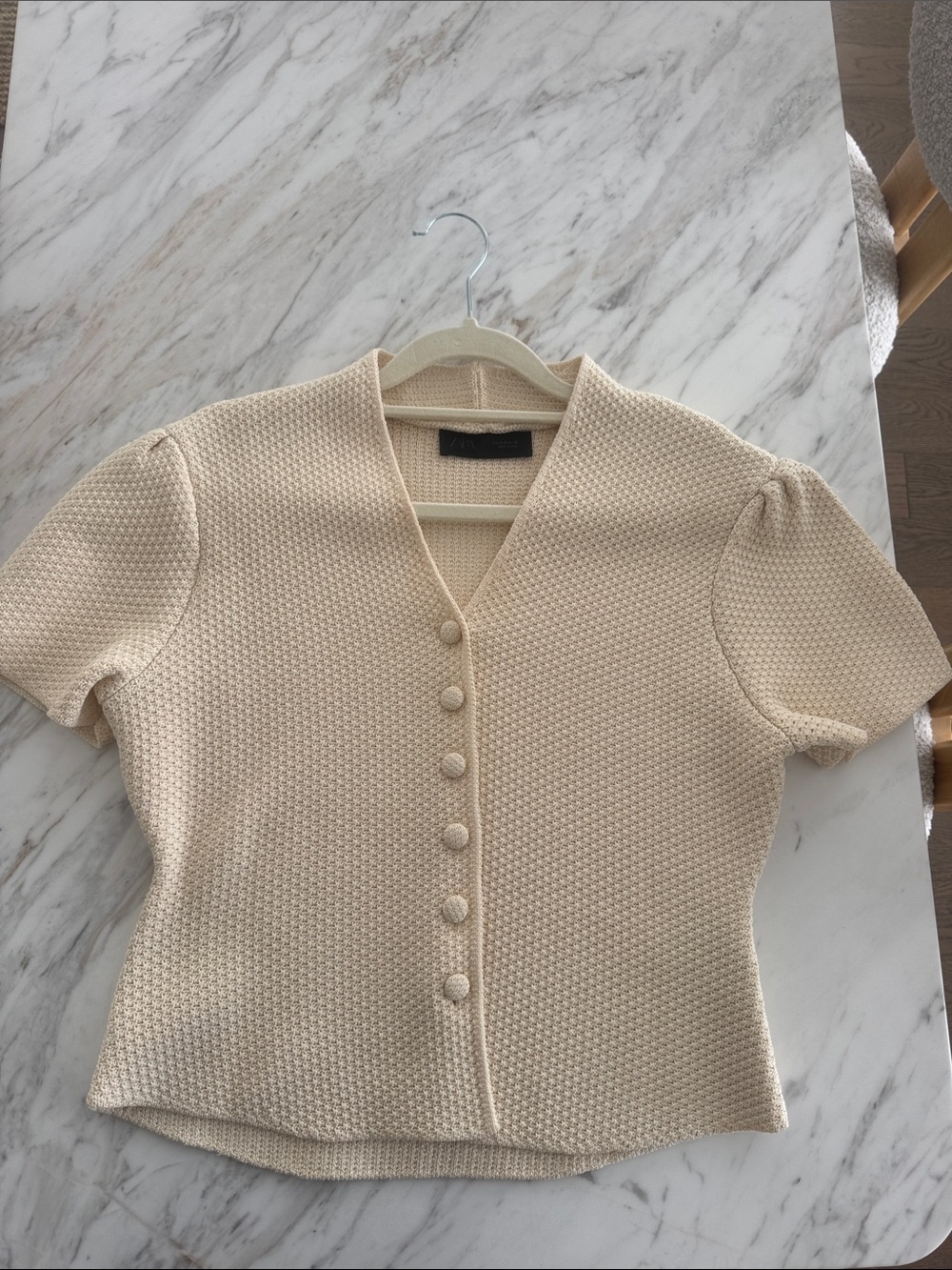 Zara Cream Textured Short Sleeve Button-Front Top